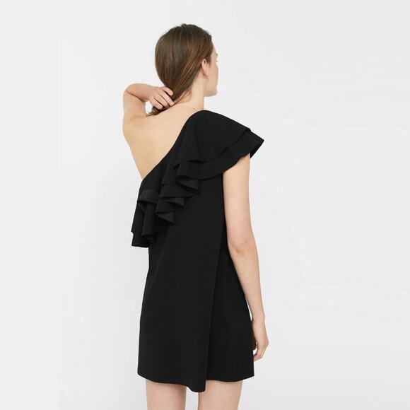 Mango Villa Asymmetrical Ruffle Black One Shoulder Sheath Mini Dress - Picture 8 of 10
